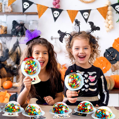 Halloween Candy Dome Holder Kit – 24/48 Pack DIY Trick-or-Treat Treat Cards with Clear Candy Domes & Stickers