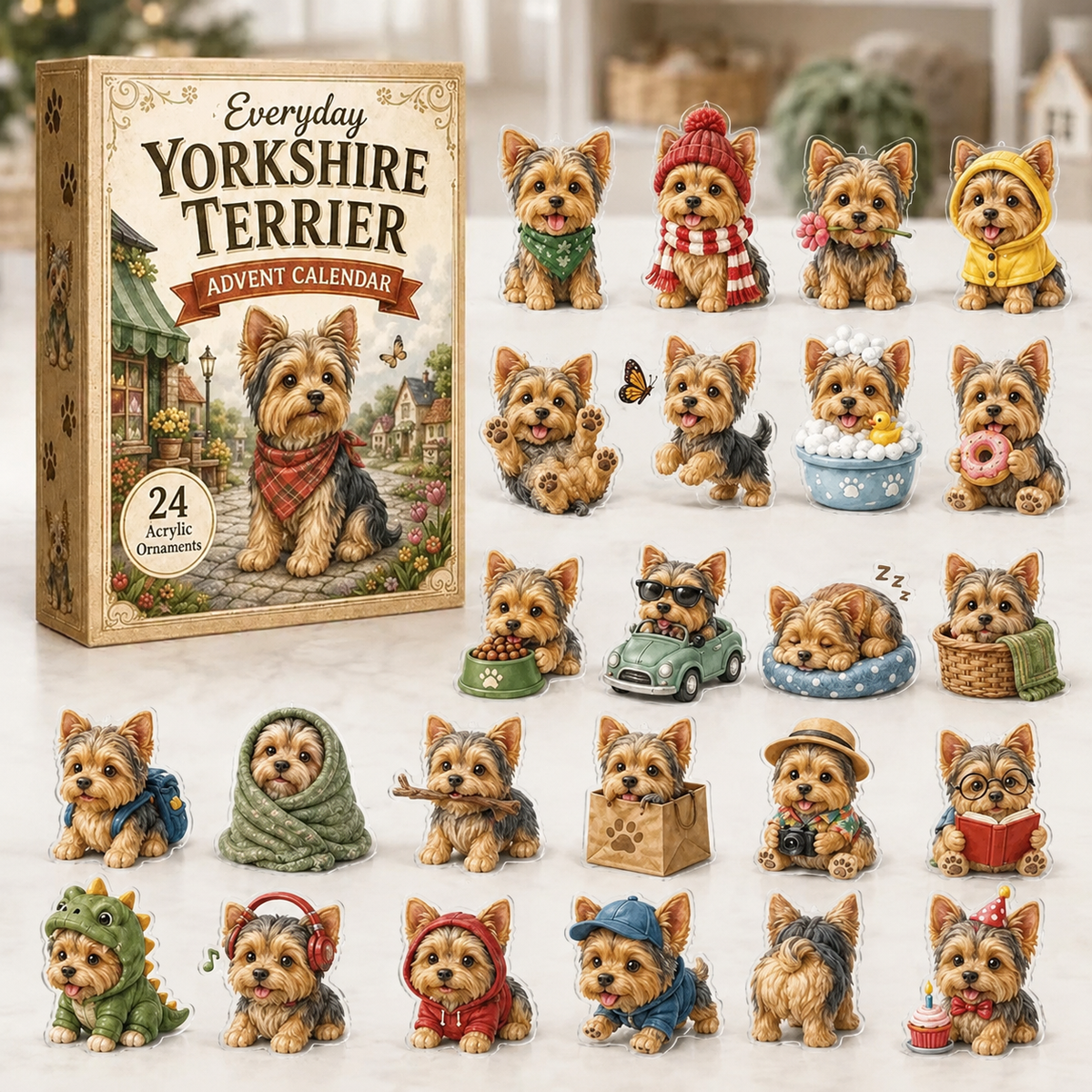 💥✨Yorkshire Terrier 2D Advent Calendar – 24 Unique Yorkie Acrylic Ornaments & Daily Christmas Surprises