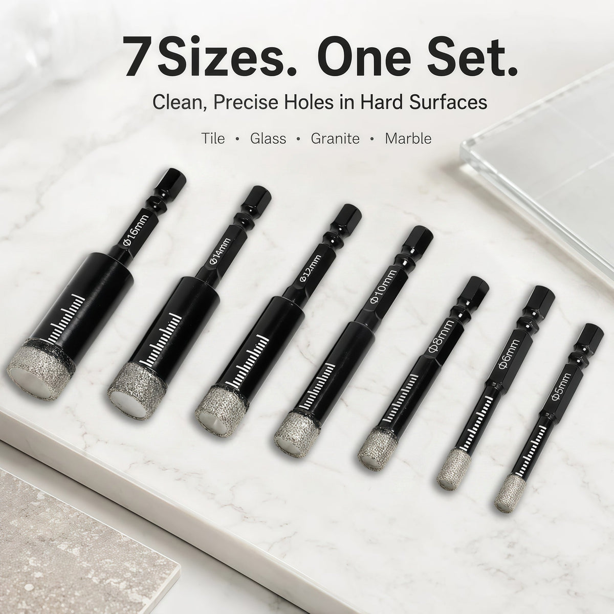 🛠️⚡️7 Pcs Diamond Drill Bits Set, 5/6/8/10/12/14/16mm  Brazed Diamond Drill Bits for Precision Drilling in Tile Ceramic Glass Granite Marble Masonry