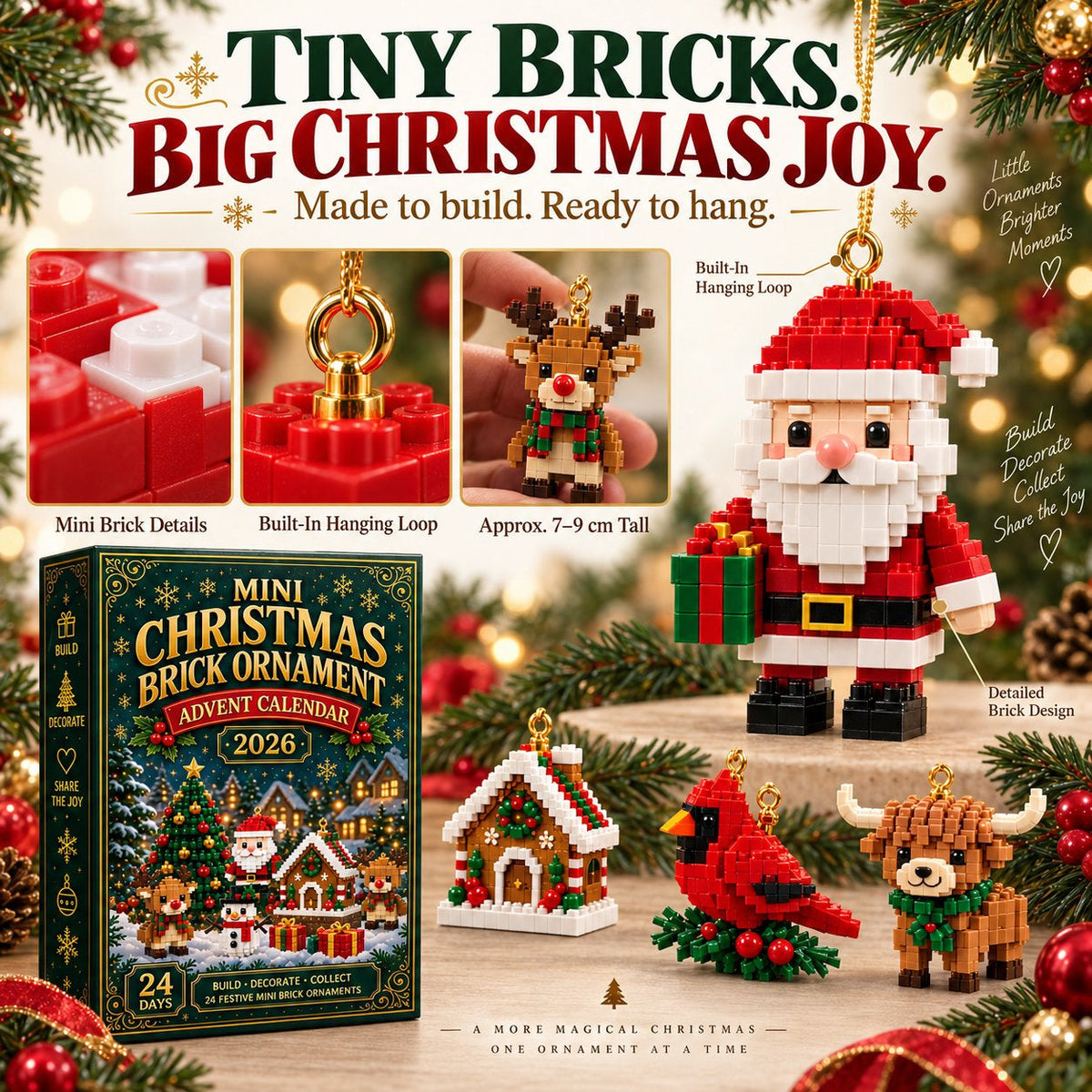 🎄24-day mini Christmas calendar with building blocks | 24 unique Christmas motifs that can be assembled, with hanging loops for Christmas trees, garlands and festive decorations 🧱