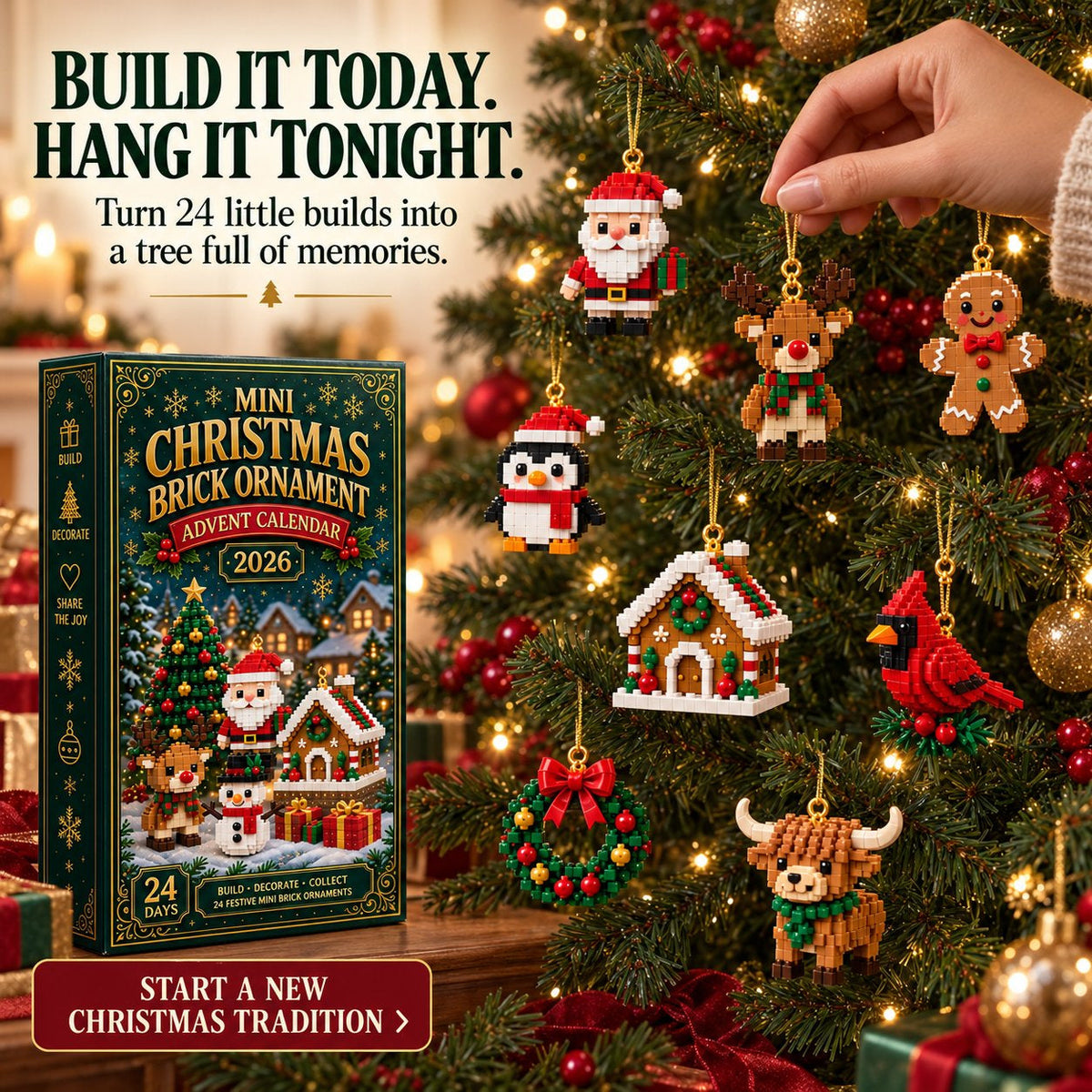 🎄24-day mini Christmas calendar with building blocks | 24 unique Christmas motifs that can be assembled, with hanging loops for Christmas trees, garlands and festive decorations 🧱