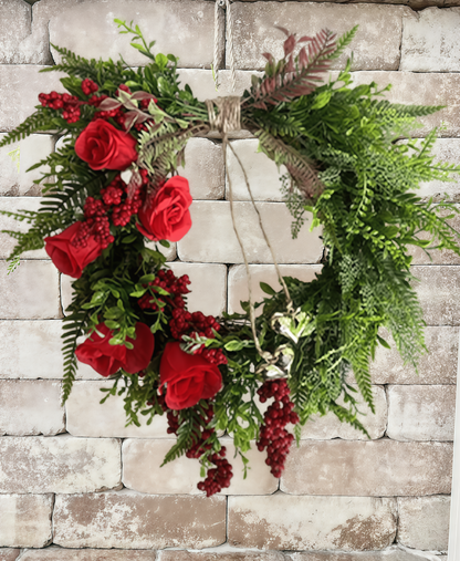 ❤️ Valentine’s Day Farmhouse Valentine Heart Wreath: Red Roses & Berries🎉
