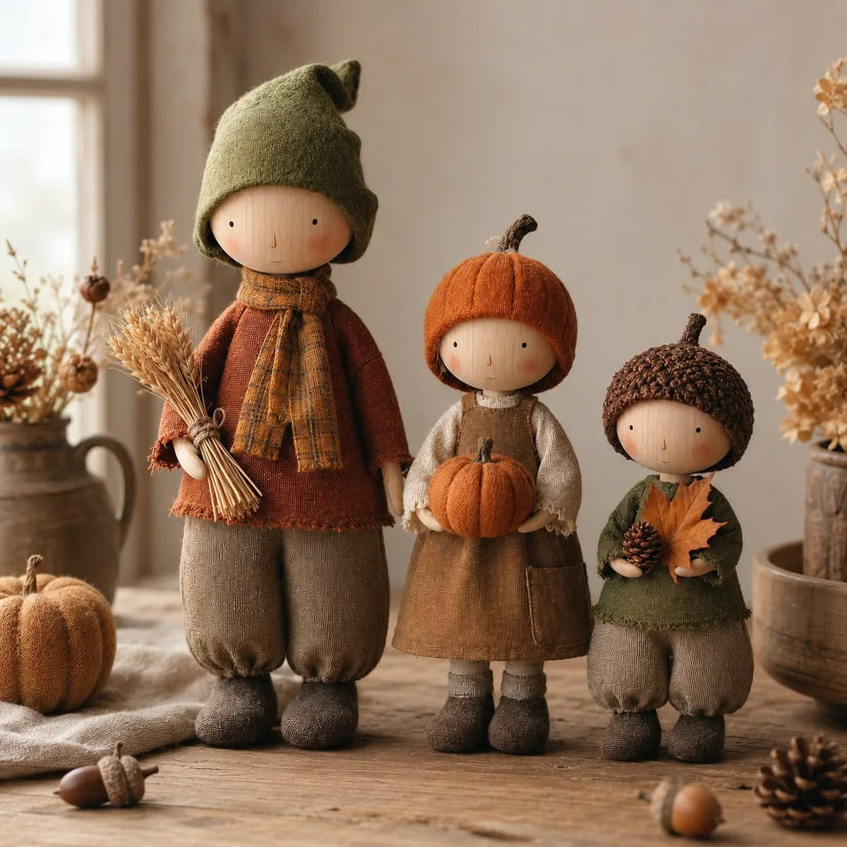 🍁Set of 3 Rustic Fall Harvest Doll Figurines