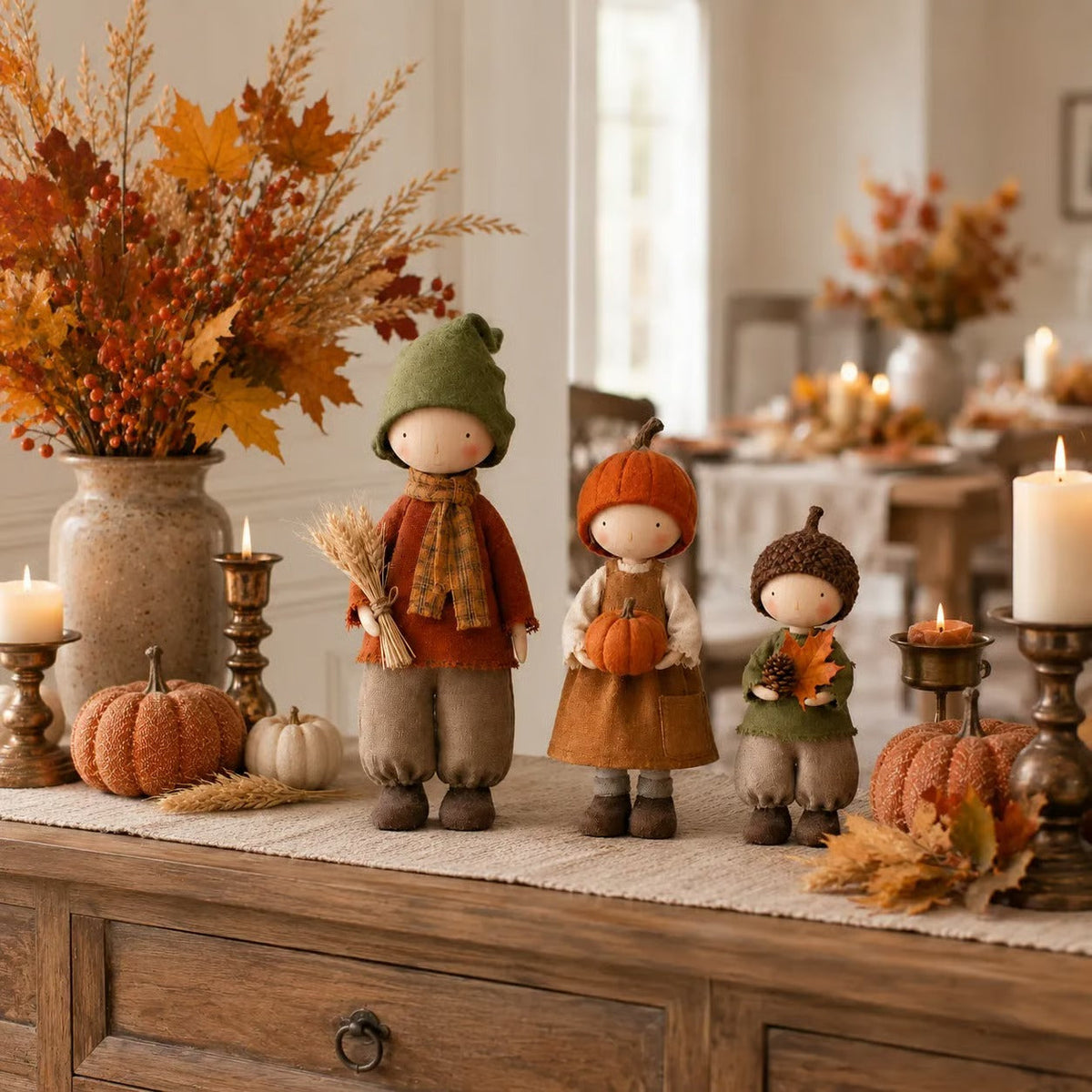 🍁Set of 3 Rustic Fall Harvest Doll Figurines
