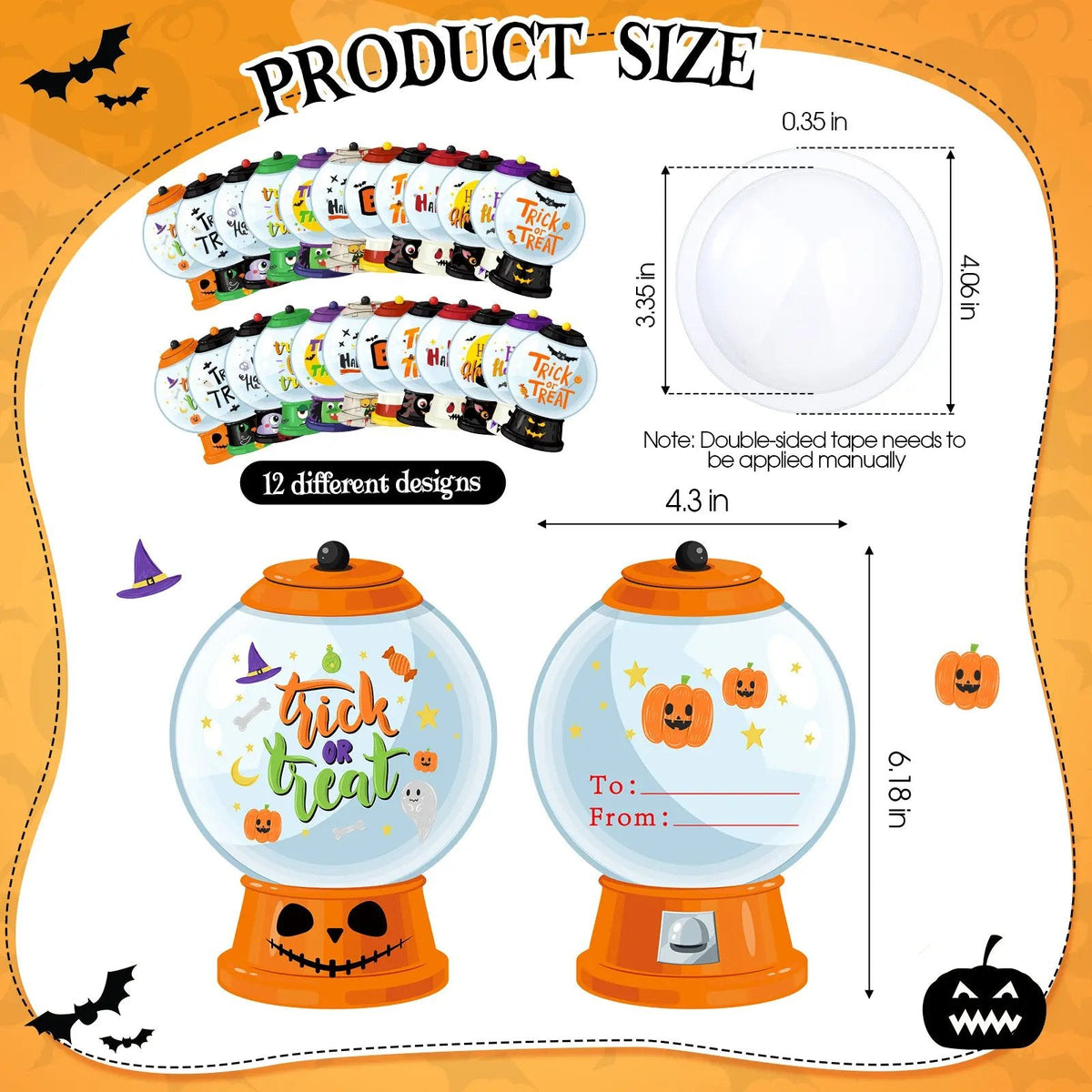Halloween Candy Dome Holder Kit – 24/48 Pack DIY Trick-or-Treat Treat Cards with Clear Candy Domes & Stickers