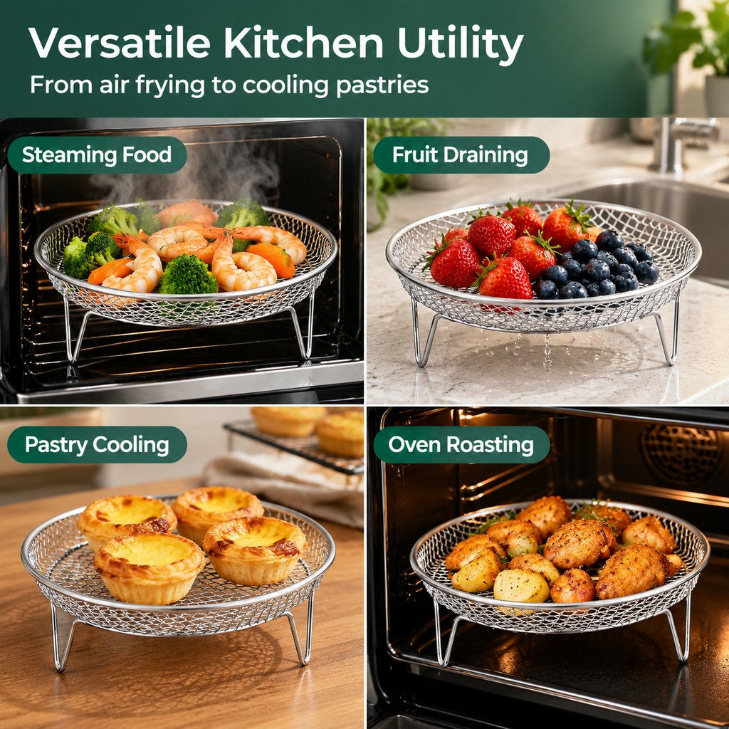 🔥Stainless steel air fryer rack with raised oil drain basket and multi-level mesh grill rack