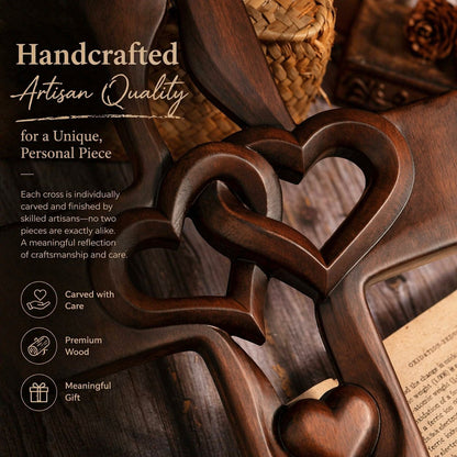 ✝️ Handcrafted & Blessed Intertwined Hearts Wooden Cross – Spiritual Unity & Love 🔥