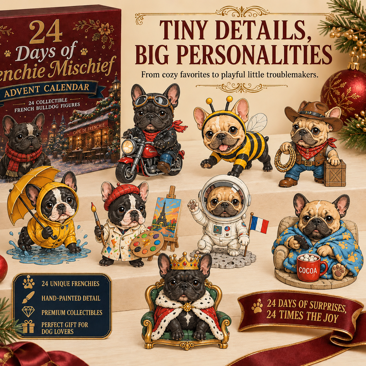 🐶 French Bulldog-Themed 24-Day Christmas Countdown Calendar | 24 unique, collectible Frenchie figurines—each with its own distinct pose and personality—delivering a festive surprise every day 🎄✨ Flat acrylic version