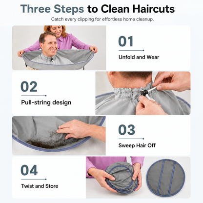 ✂️🧹 Hair Cutting Cape with Catcher – built-in groove traps clippings, no mess on clothes or floors. Waterproof, non-static, folds flat. Perfect for home trims & kids' cuts! 💇✅