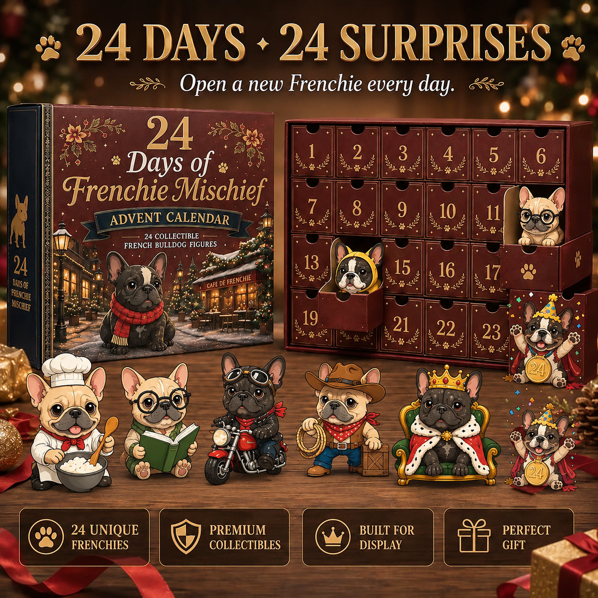 🐶 French Bulldog-Themed 24-Day Christmas Countdown Calendar | 24 unique, collectible Frenchie figurines—each with its own distinct pose and personality—delivering a festive surprise every day 🎄✨ Flat acrylic version