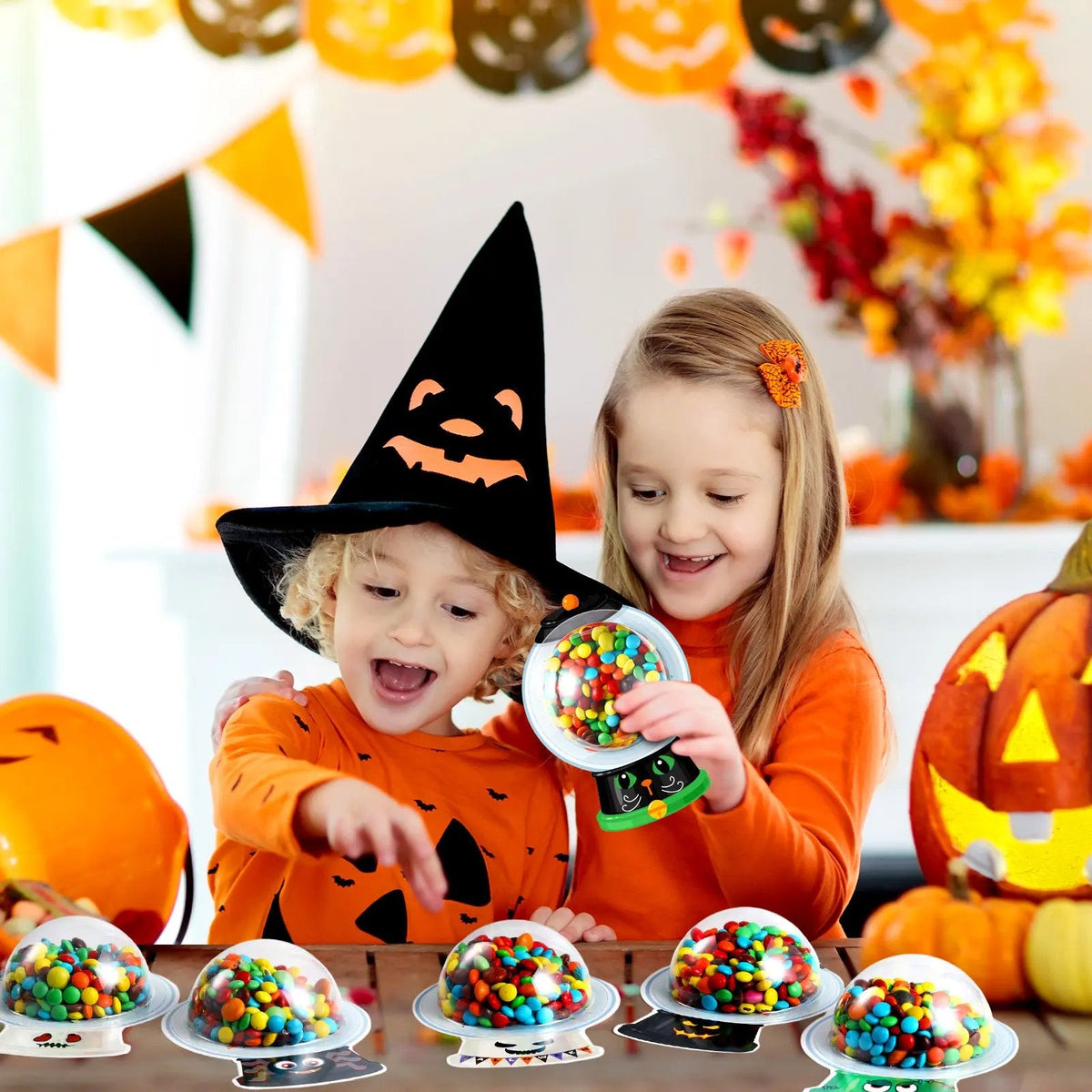 Halloween Candy Dome Holder Kit – 24/48 Pack DIY Trick-or-Treat Treat Cards with Clear Candy Domes & Stickers