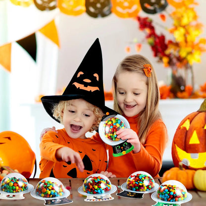 Halloween Candy Dome Holder Kit – 24/48 Pack DIY Trick-or-Treat Treat Cards with Clear Candy Domes & Stickers