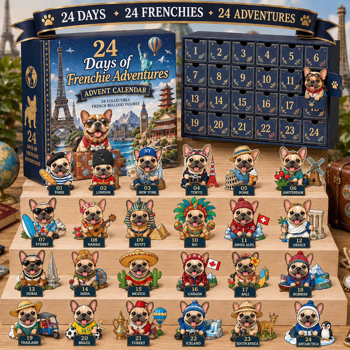 🐶 French Bulldog-Themed 24-Day Christmas Countdown Calendar | 24 unique, collectible Frenchie figurines—each with its own distinct pose and personality—delivering a festive surprise every day 🎄✨ Flat acrylic version