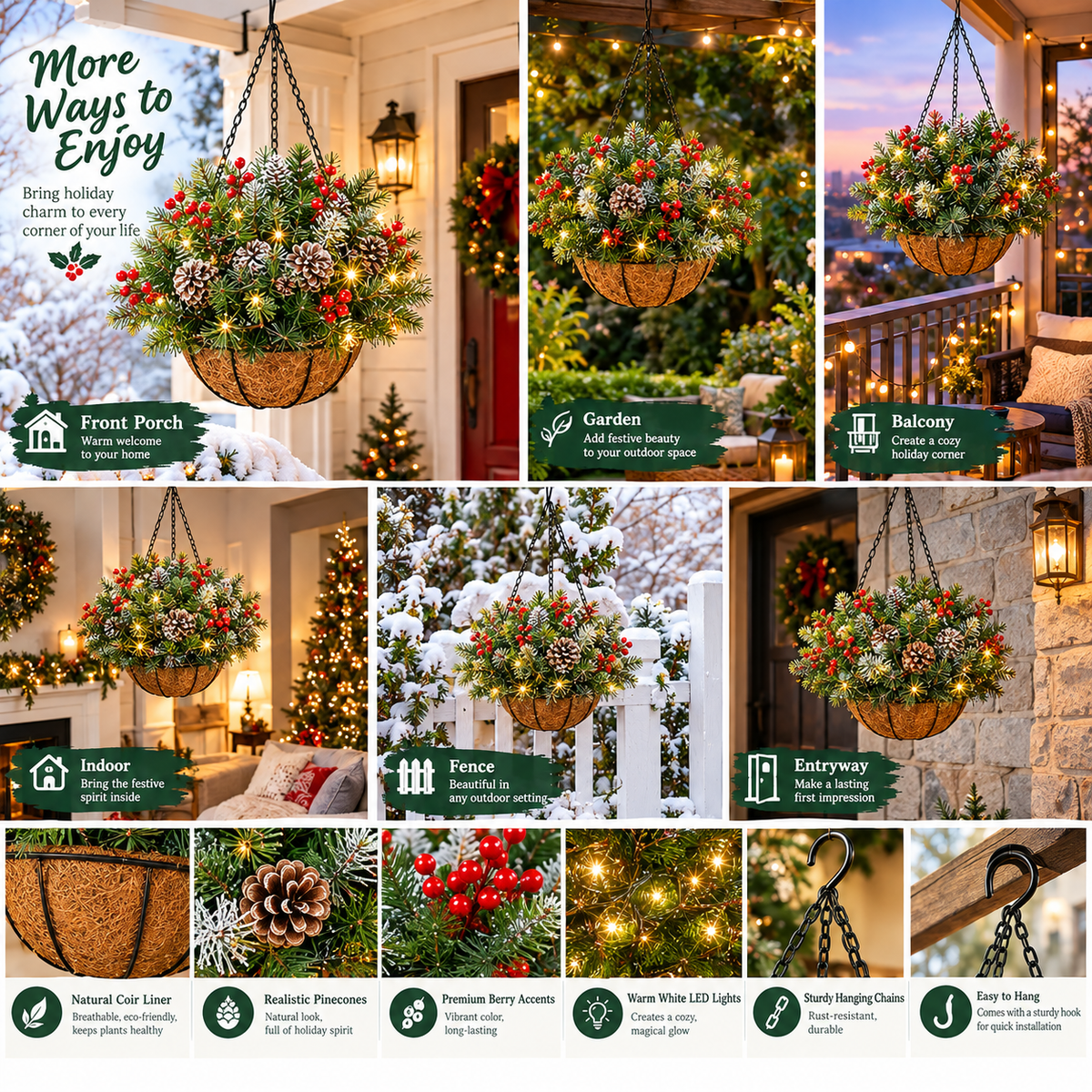 🏆Pre-Lit Christmas Hanging Basket |🎄 Pre-lit, weather-resistant, and zero maintenance