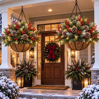 🏆Pre-Lit Christmas Hanging Basket |🎄 Pre-lit, weather-resistant, and zero maintenance