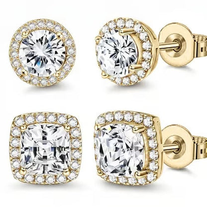 Halo Stud Earrings 4-Pack- Gold & Silver Round/Square Styles