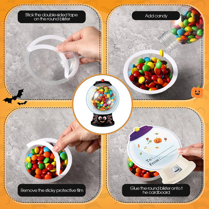 Halloween Candy Dome Holder Kit – 24/48 Pack DIY Trick-or-Treat Treat Cards with Clear Candy Domes & Stickers