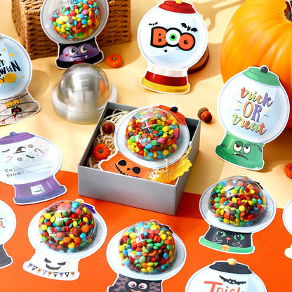 Halloween Candy Dome Holder Kit – 24/48 Pack DIY Trick-or-Treat Treat Cards with Clear Candy Domes & Stickers
