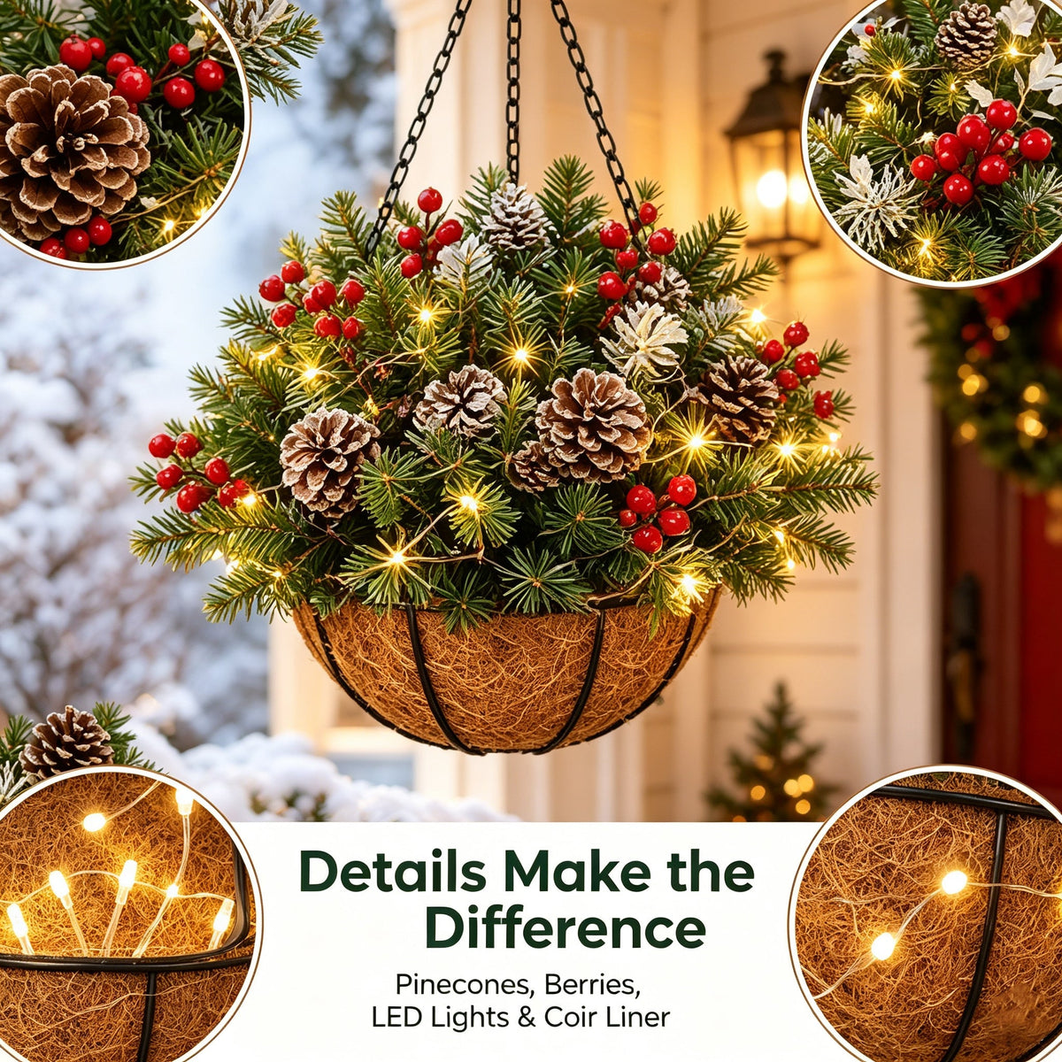 🏆Pre-Lit Christmas Hanging Basket |🎄 Pre-lit, weather-resistant, and zero maintenance